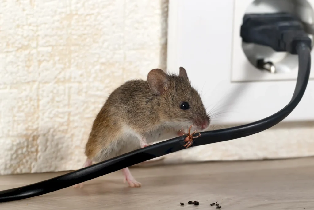 Mouse gnawing on a wire in a home