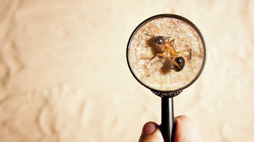 Magnifying glass over an ant